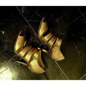 Michael Kors Leather Gold Snake Skin Heels Strappy Sandal Sz 7 Stiletto